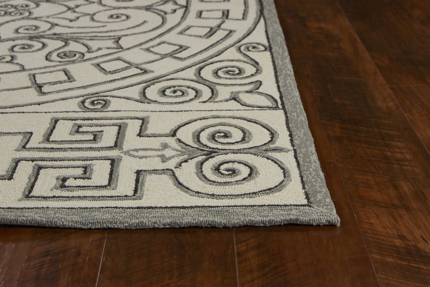 2'X3' Ivory Grey Hand Hooked Uv Treated Greek Key Medallion Indoor Outdoor Accent Rug