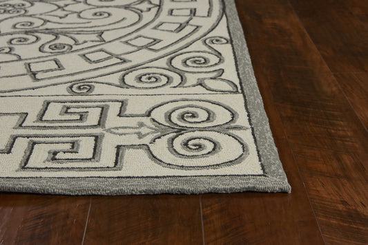 2'X3' Ivory Grey Hand Hooked Uv Treated Greek Key Medallion Indoor Outdoor Accent Rug