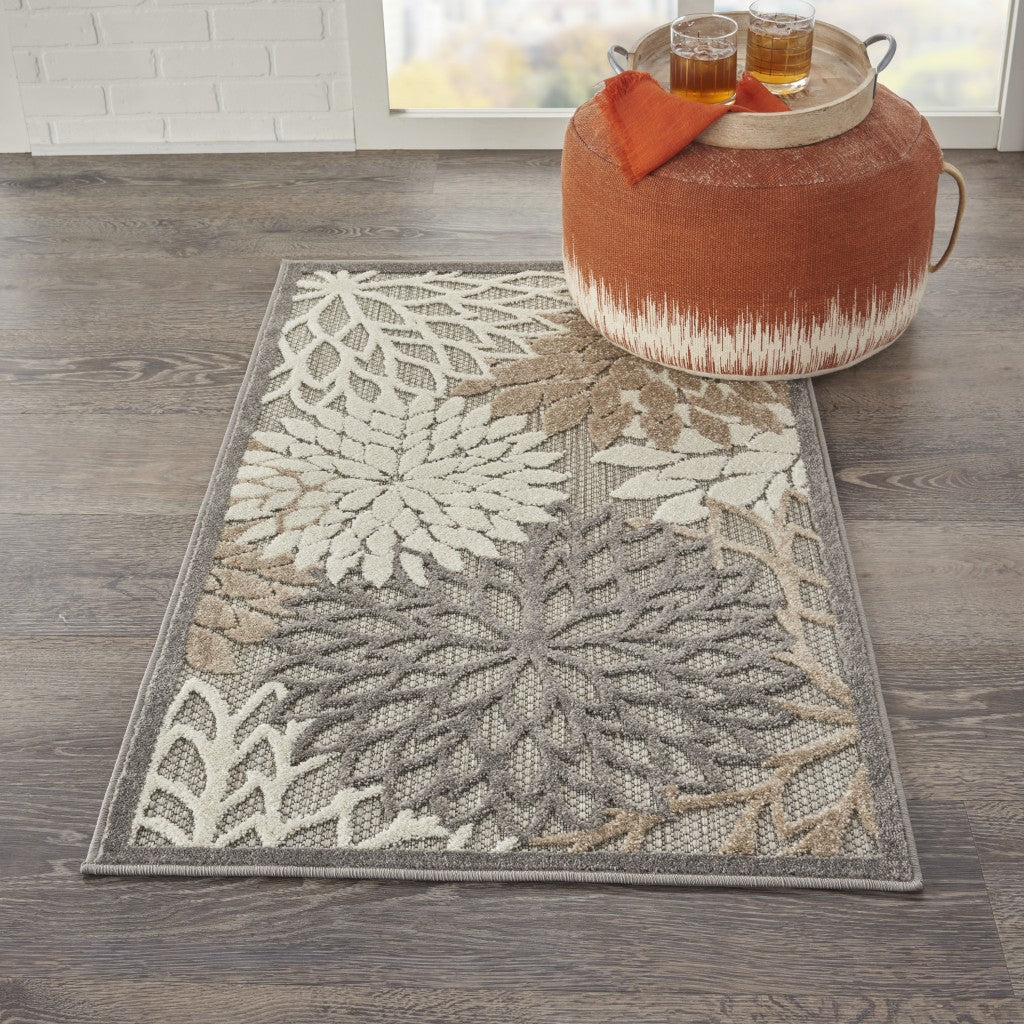 3' X 4' Gray And Ivory Floral Indoor Outdoor Area Rug