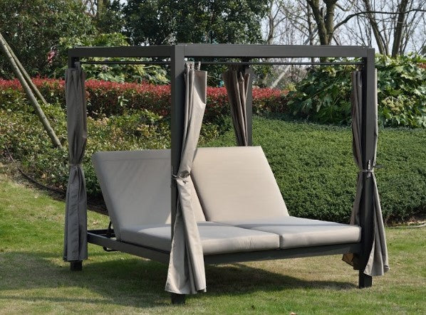 161.85" X 71.37" X 8.58" Gray Outdoor Steel Metal Adjustable Day Bed With Canopy And Taupe Cushions