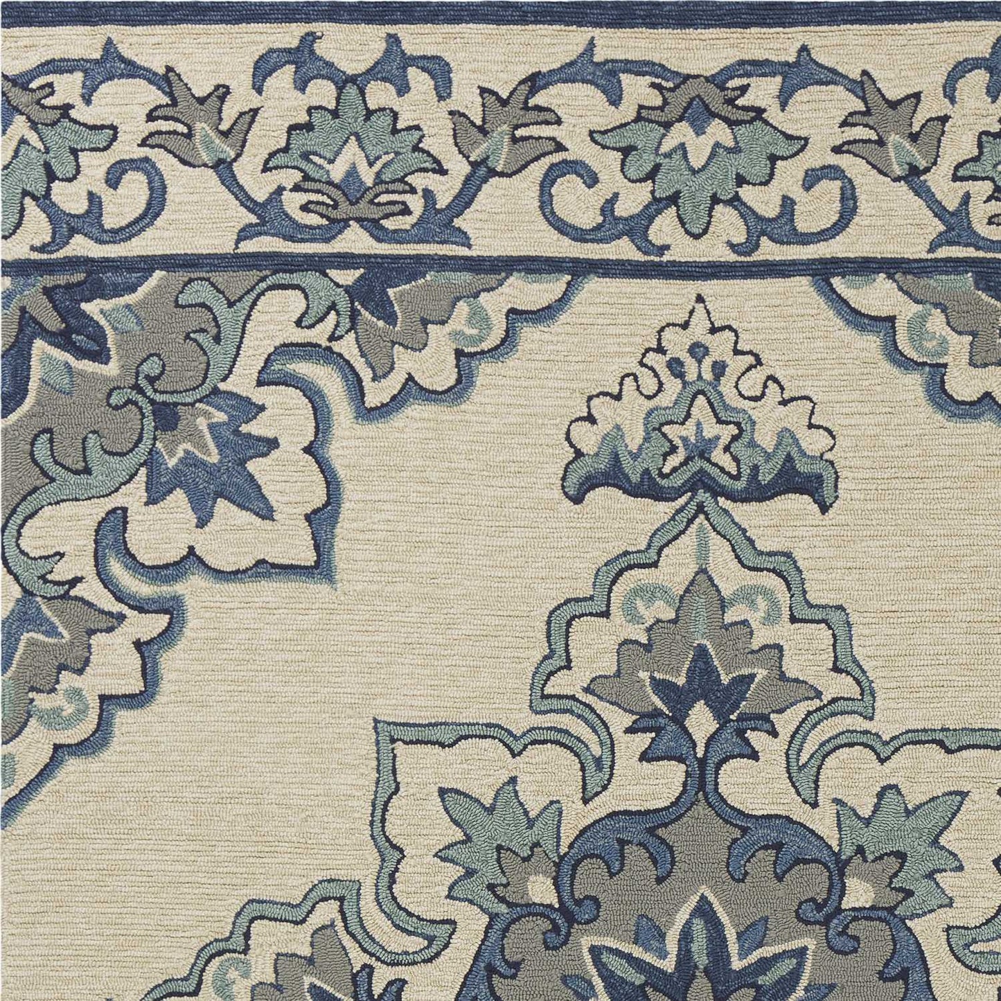 3'X5' Ivory Blue Hand Hooked Floral Medallion Indoor Outdoor Area Rug