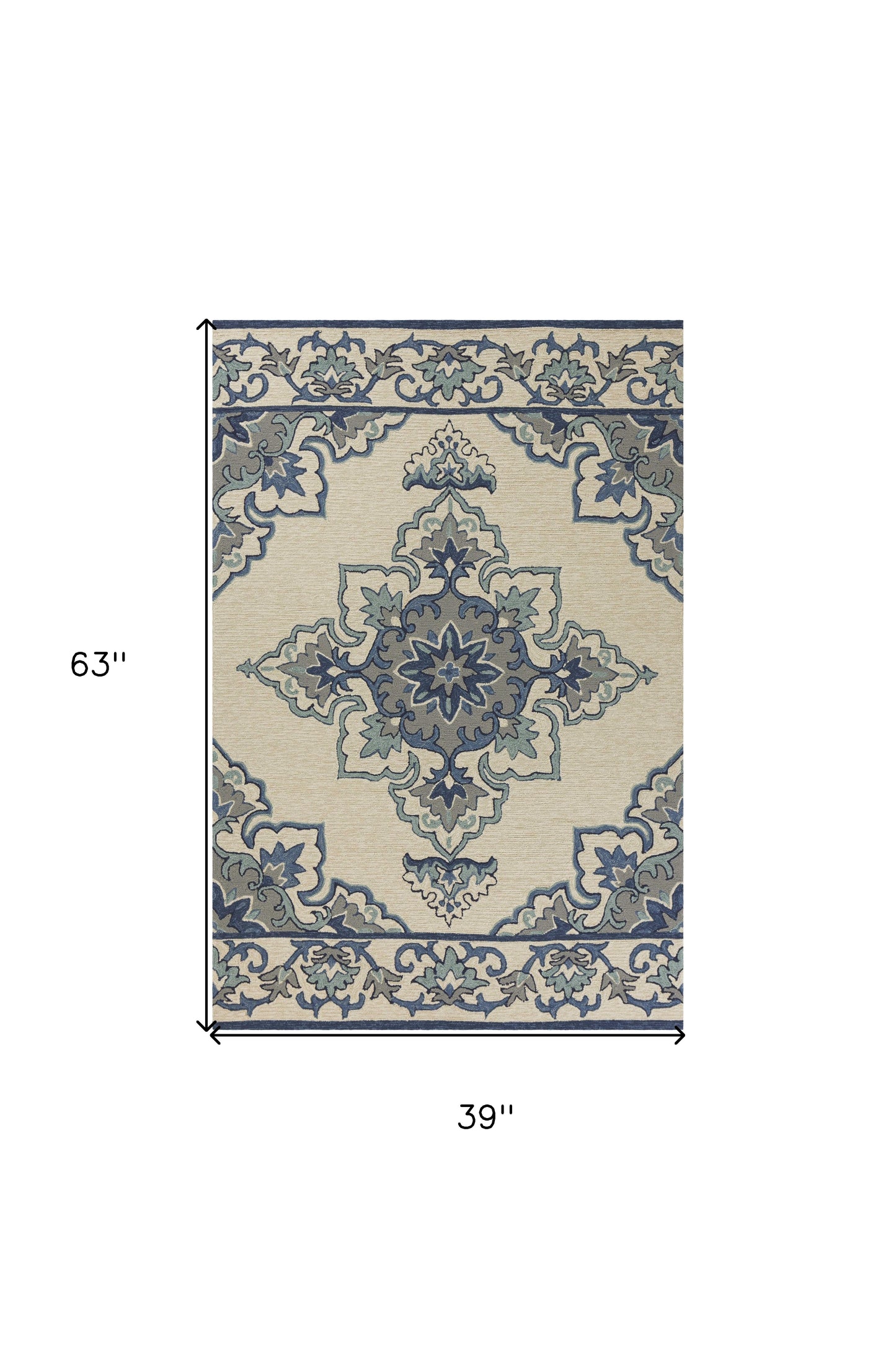 3'X5' Ivory Blue Hand Hooked Floral Medallion Indoor Outdoor Area Rug