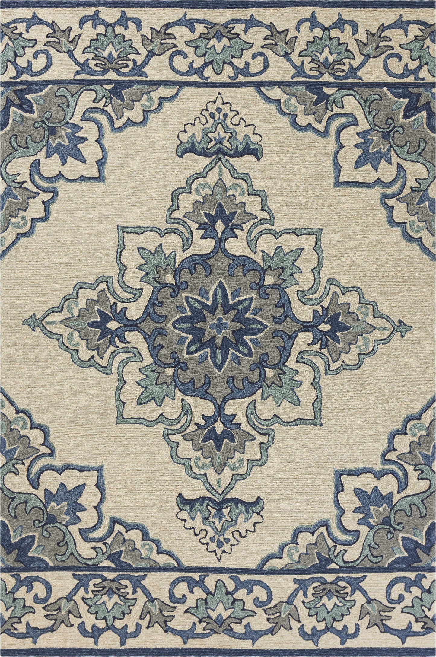 3'X5' Ivory Blue Hand Hooked Floral Medallion Indoor Outdoor Area Rug