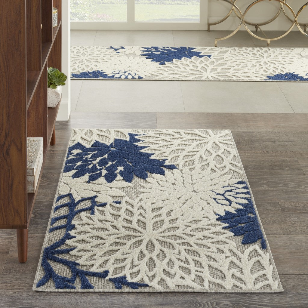 3' X 4' Ivory And Blue Floral Indoor Outdoor Area Rug