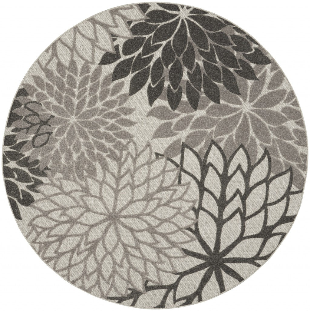 8' Round Gray Round Floral Indoor Outdoor Area Rug