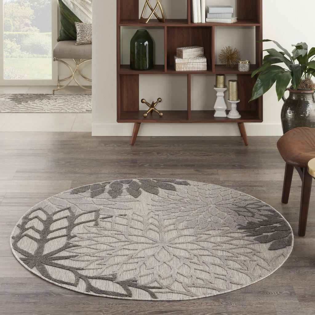 5' Round Gray Round Floral Indoor Outdoor Area Rug