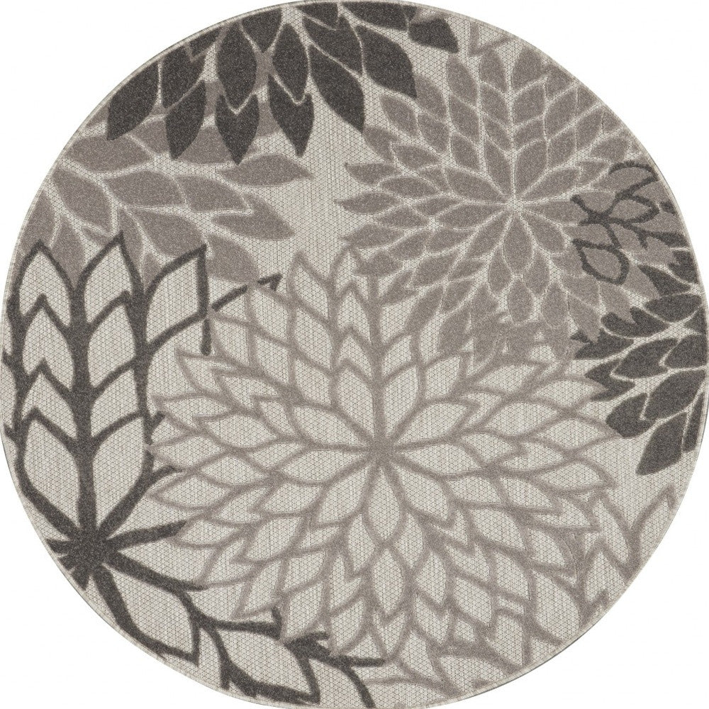 5' Round Gray Round Floral Indoor Outdoor Area Rug