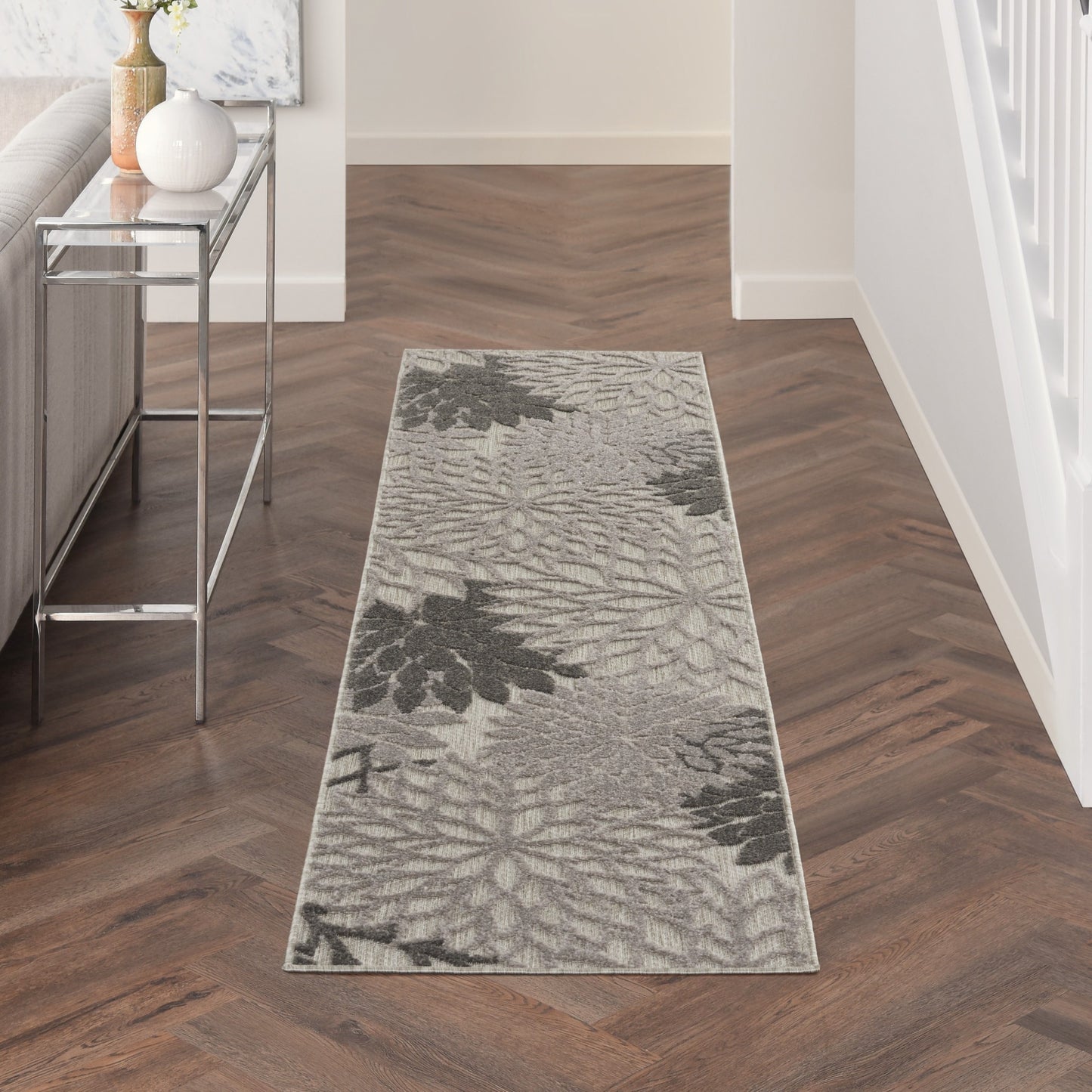 2' X 6' Gray Floral Indoor Outdoor Area Rug