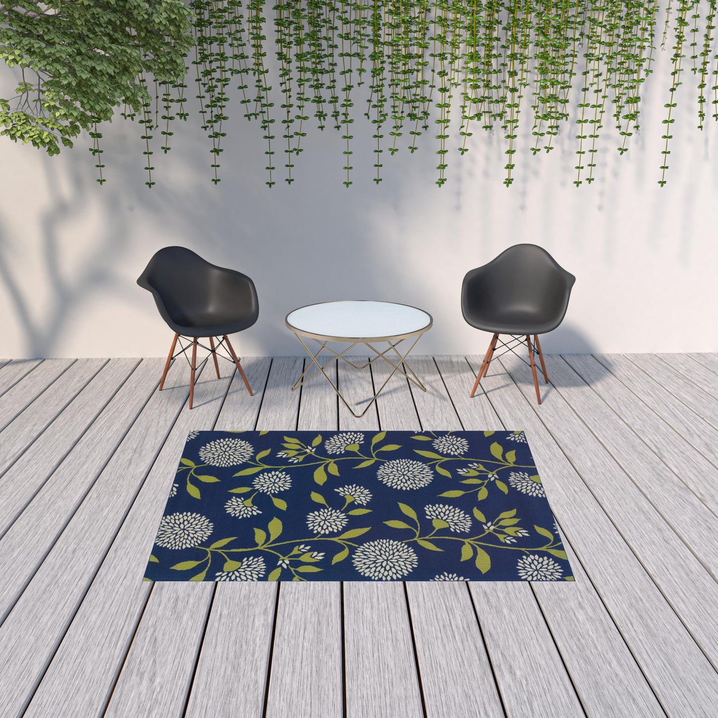 5' X 5' Blue and Green Floral Indoor Outdoor Area Rug