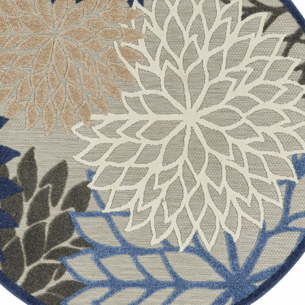 5' Round Blue And Gray Round Floral Indoor Outdoor Area Rug