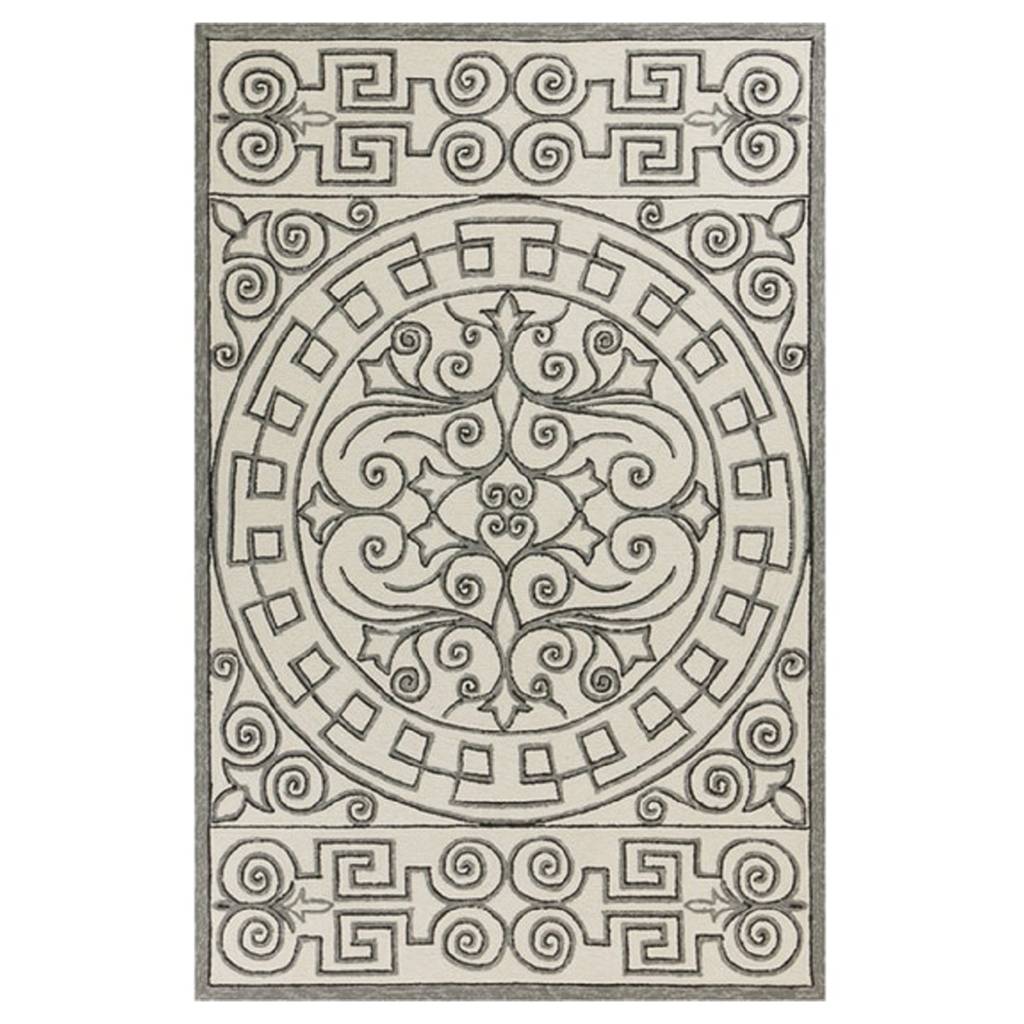 8'X10' Ivory Grey Hand Woven Uv Treated Greek Key Medallion Indoor Outdoor Area Rug