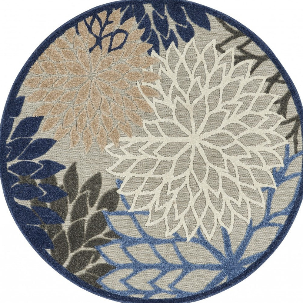 5' Round Blue And Gray Round Floral Indoor Outdoor Area Rug