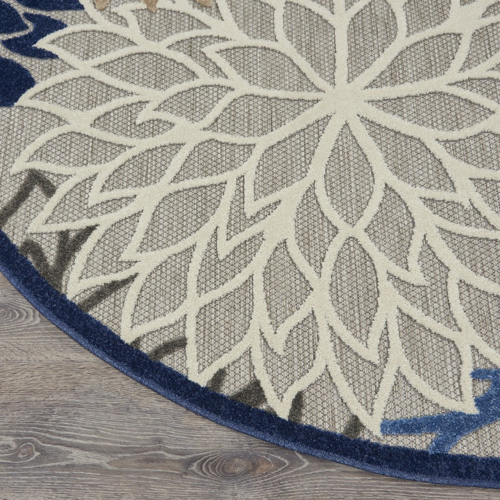 5' Round Blue And Gray Round Floral Indoor Outdoor Area Rug