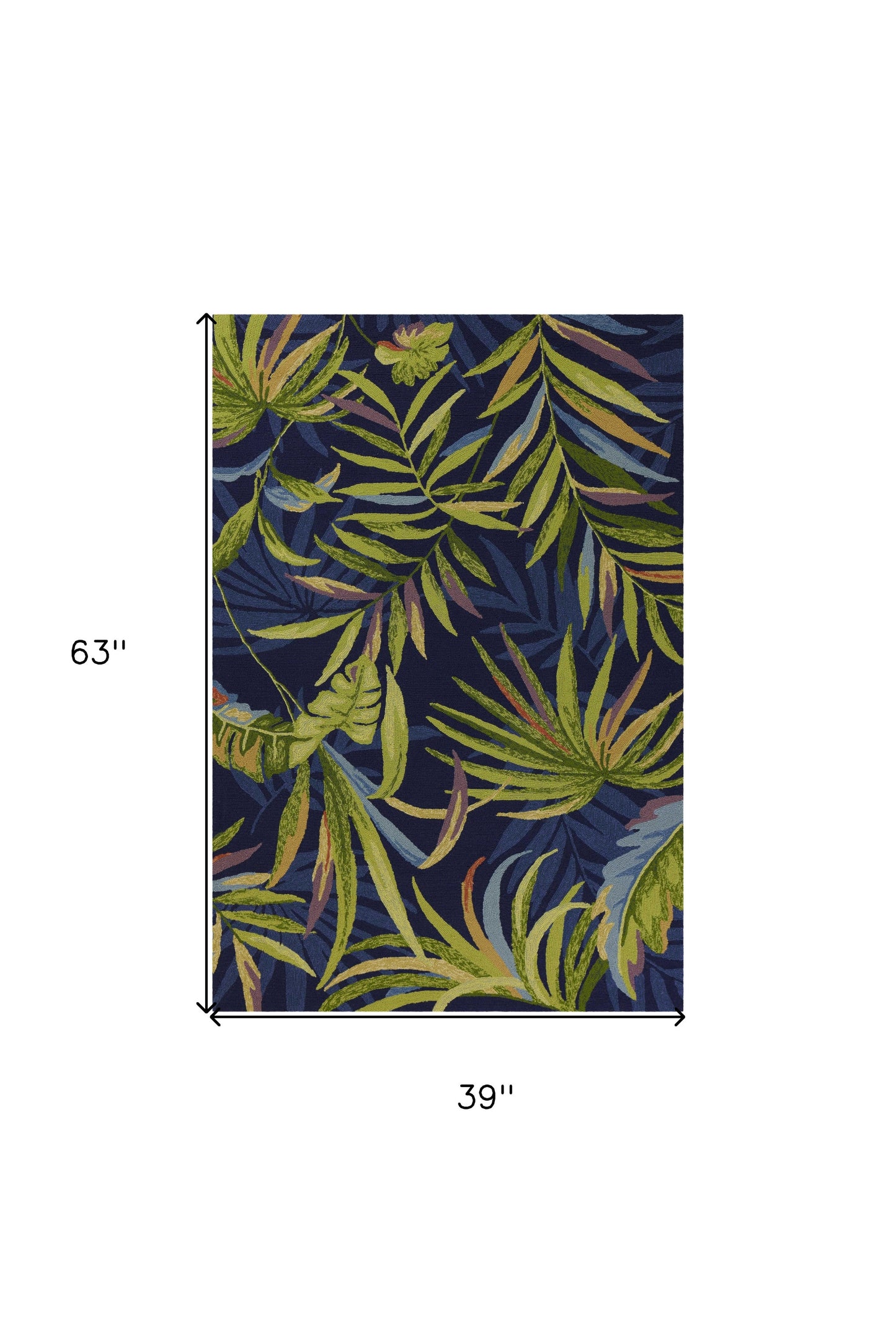 3'X5' Ink Blue Hand Hooked Uv Treated Oversized Tropical Leaves Indoor Outdoor Area Rug