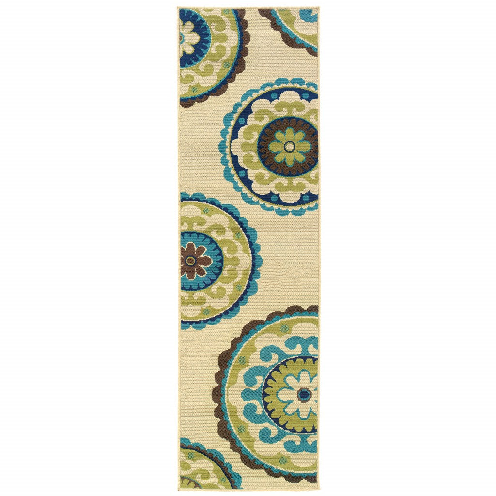 2' X 8' Green and Ivory Floral Indoor Outdoor Area Rug