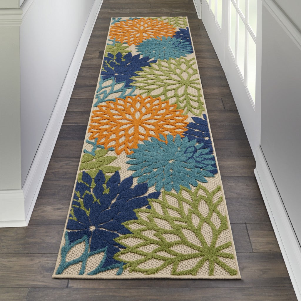 12' Runner Ivory And Blue Floral Indoor Outdoor Runner Rug