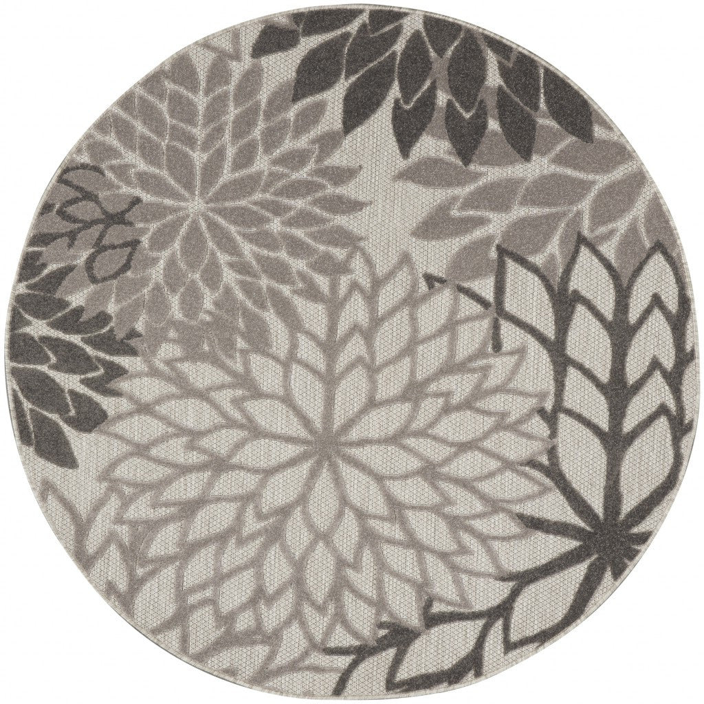 4' Round Gray Round Floral Indoor Outdoor Area Rug