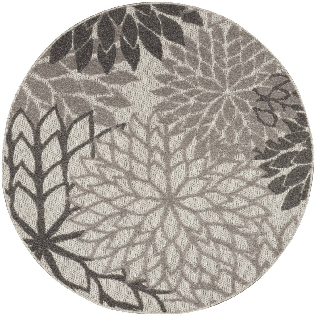 4' Round Gray Round Floral Indoor Outdoor Area Rug