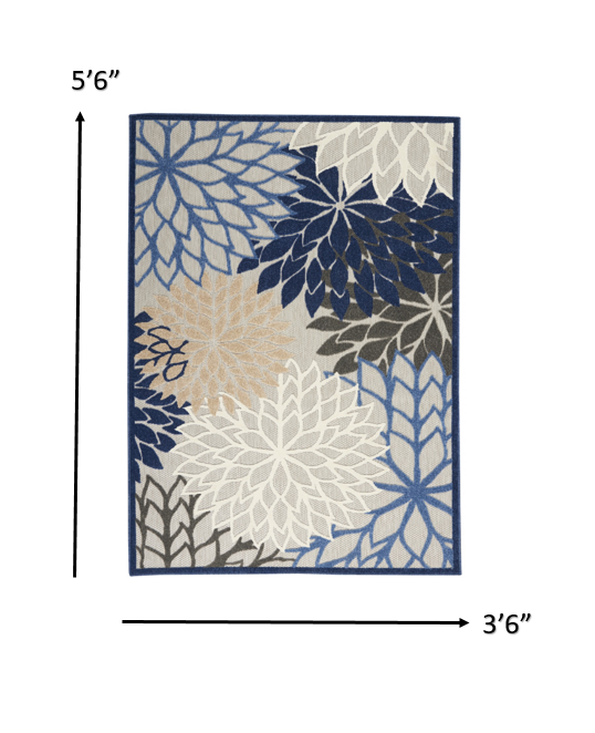 4' X 6' Blue And Gray Floral Indoor Outdoor Area Rug