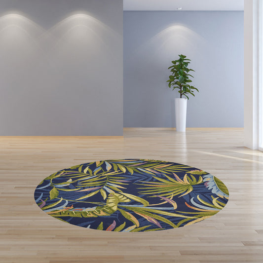 8' Ink Blue Hand Hooked Uv Treated Oversized Tropical Leaves Round Indoor Outdoor Area Rug