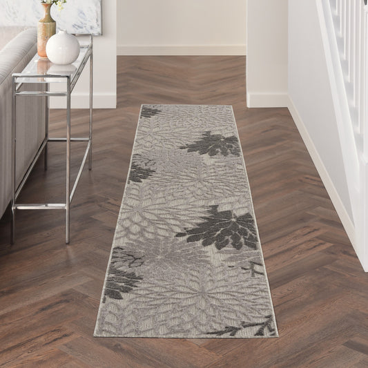 2' X 10' Gray Floral Indoor Outdoor Area Rug