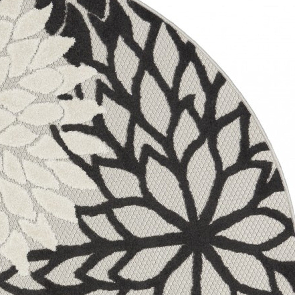 4' Round Black And White Round Floral Indoor Outdoor Area Rug