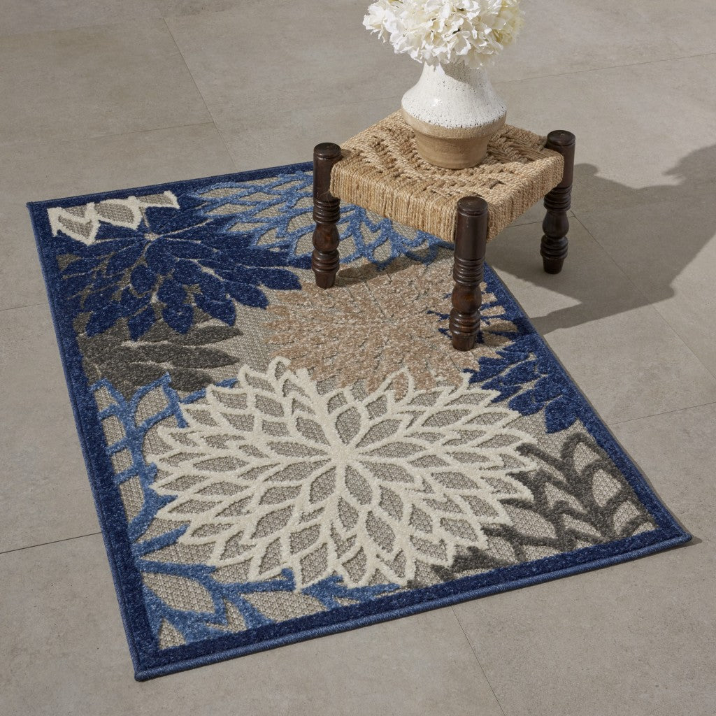 3' X 4' Blue And Gray Floral Indoor Outdoor Area Rug