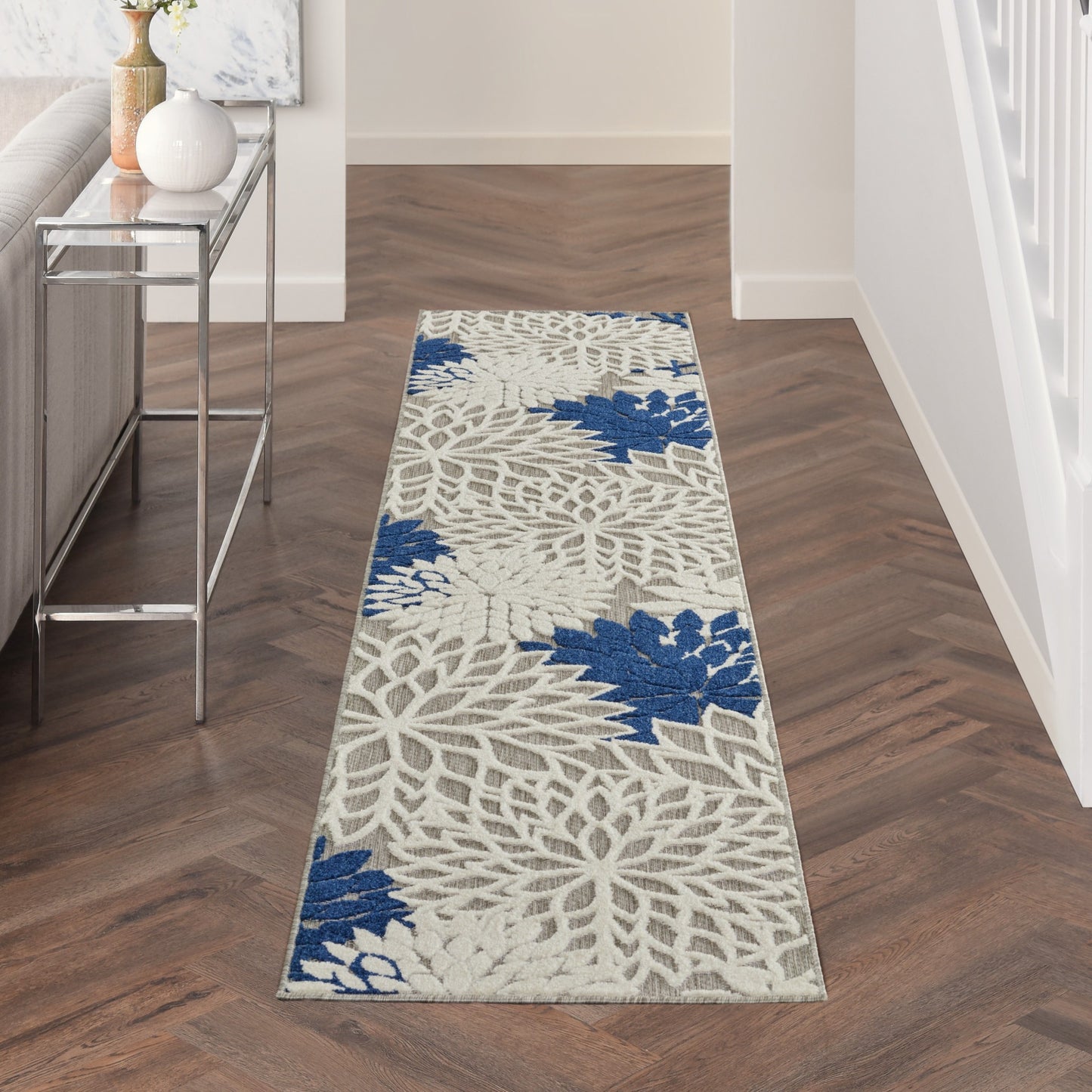 2' X 10' Ivory And Blue Floral Indoor Outdoor Area Rug