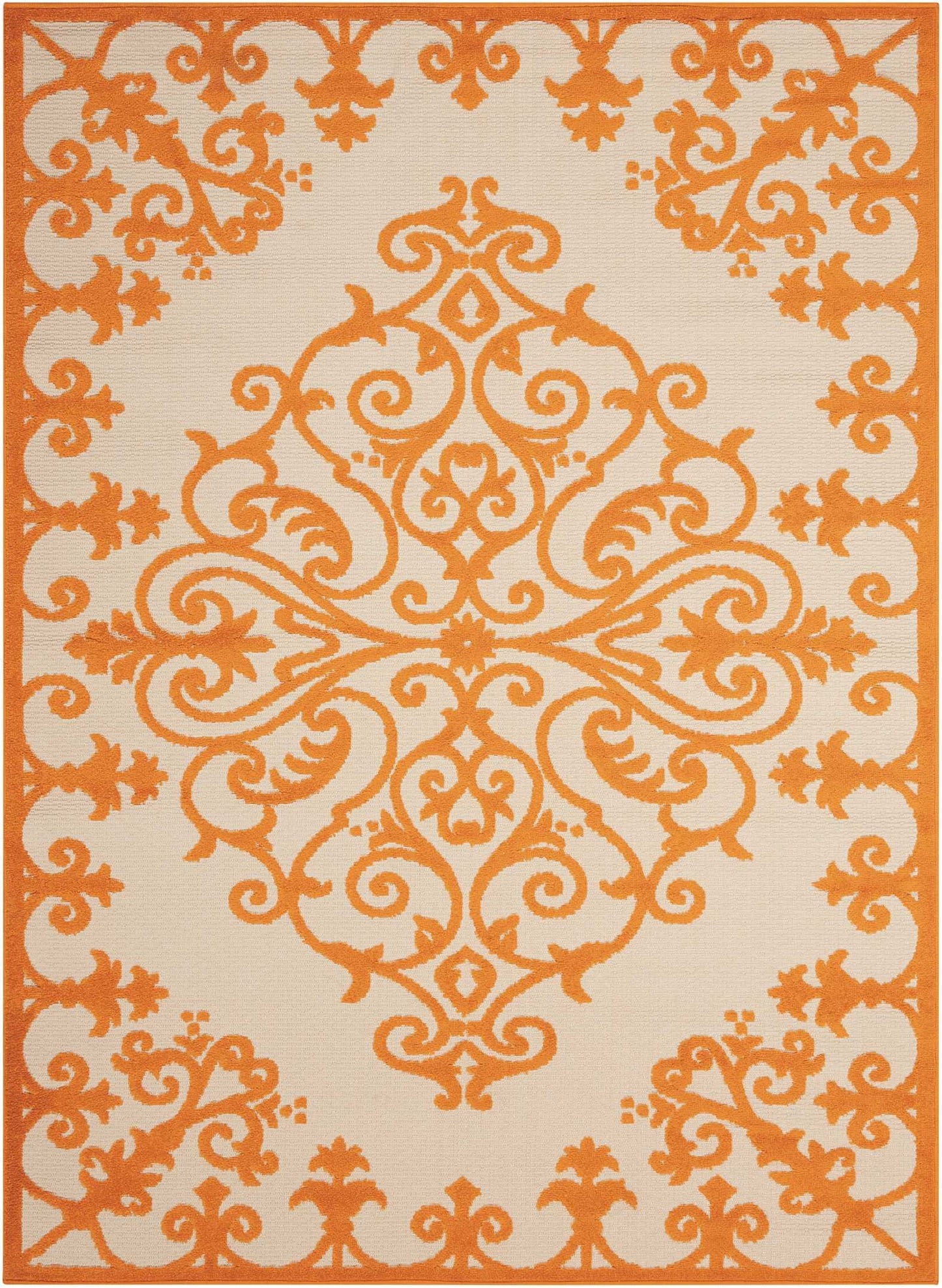 8' X 11' Orange And Ivory Damask Indoor Outdoor Area Rug