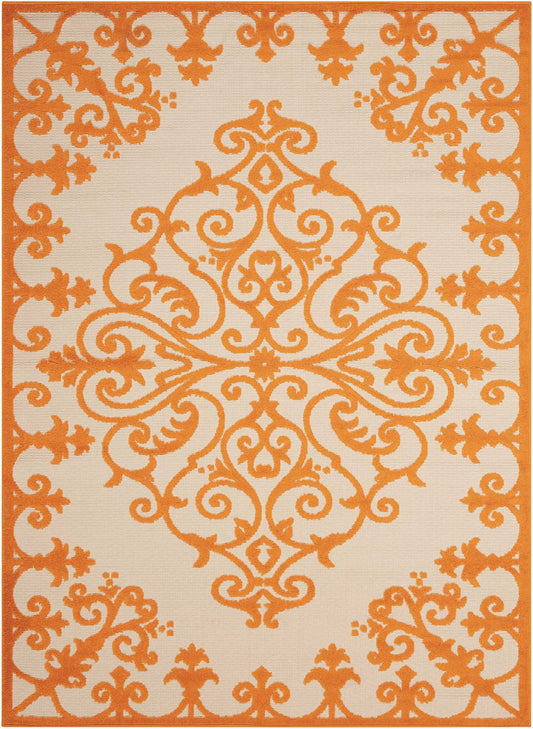 8' X 11' Orange And Ivory Damask Indoor Outdoor Area Rug