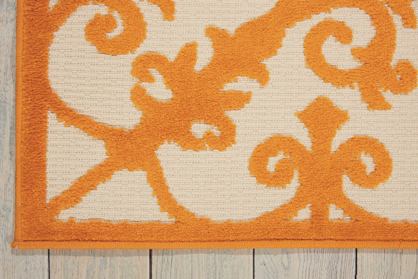 8' X 11' Orange And Ivory Damask Indoor Outdoor Area Rug