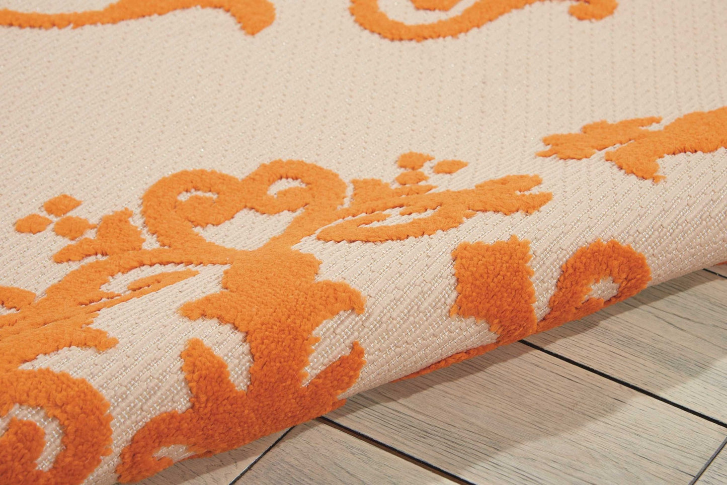 8' X 11' Orange And Ivory Damask Indoor Outdoor Area Rug