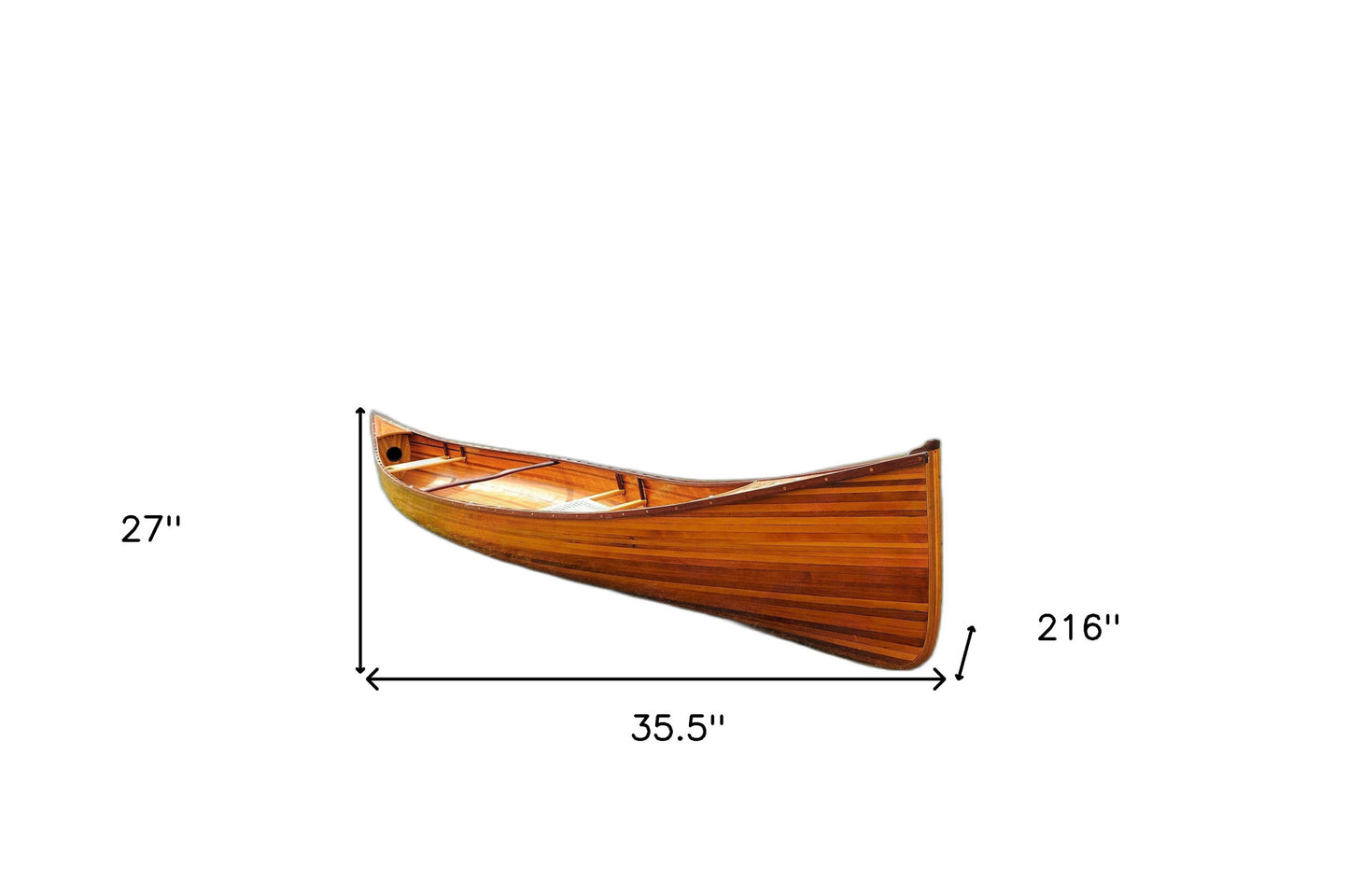 35.5" X 216" X 27" Wooden Canoe