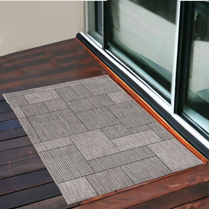 3'X5' Grey Machine Woven Uv Treated Geometric Blocks Indoor Outdoor Area Rug