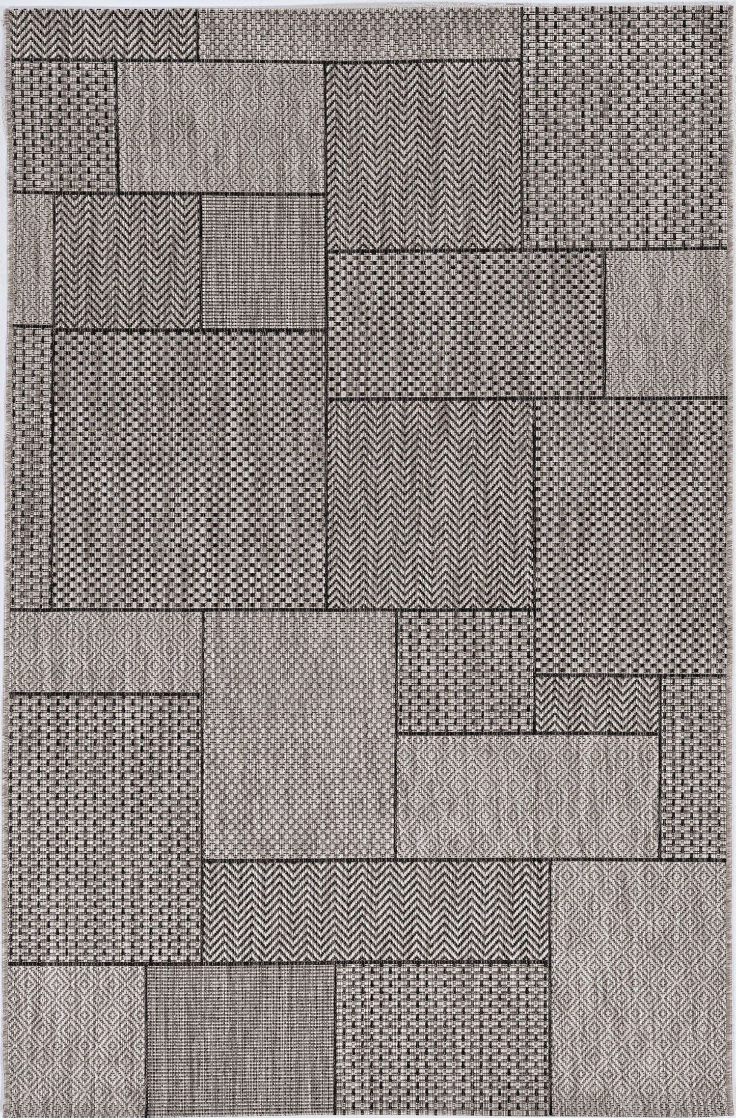 3'X5' Grey Machine Woven Uv Treated Geometric Blocks Indoor Outdoor Area Rug