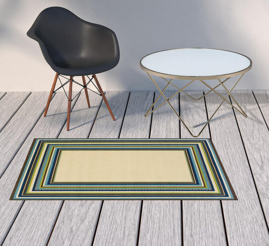 2' x 3' Ivory and Blue Striped Indoor Outdoor Area Rug