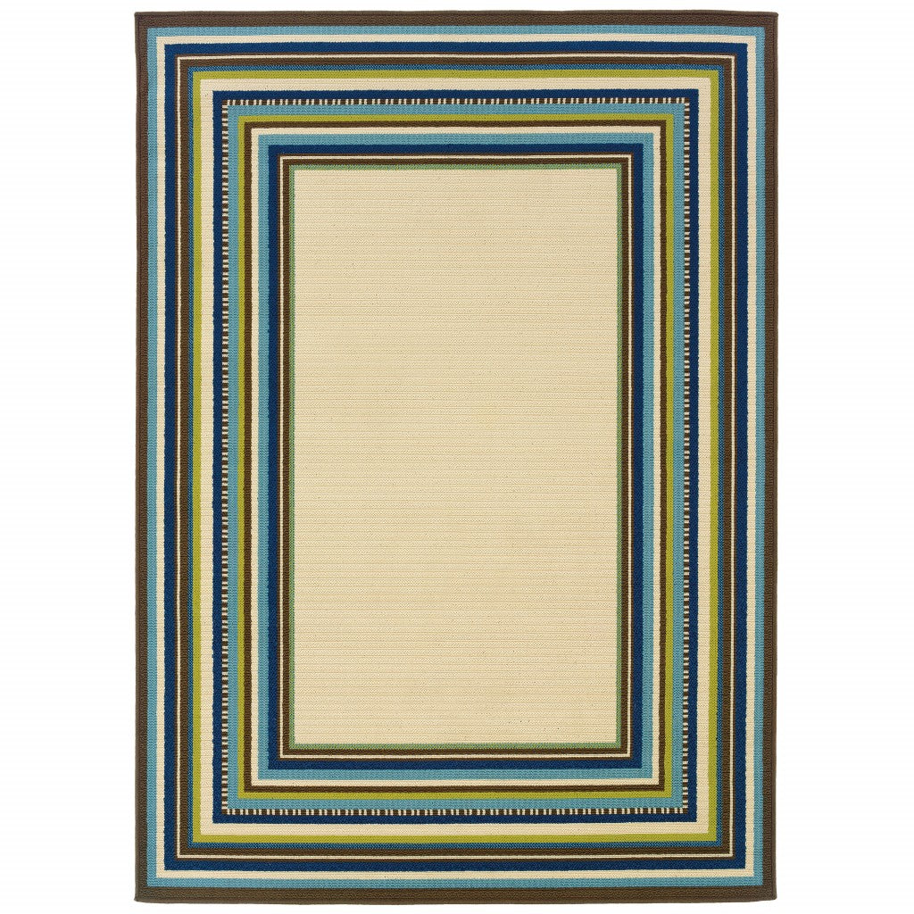 2' x 3' Ivory and Blue Striped Indoor Outdoor Area Rug