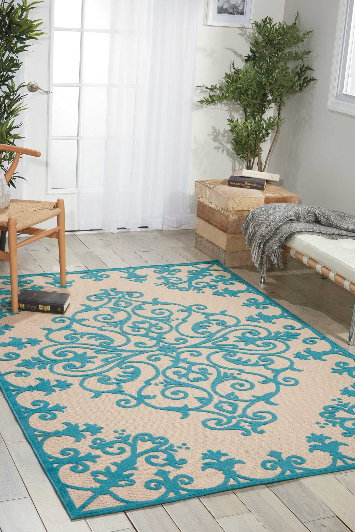 8' X 11' Aqua Damask Indoor Outdoor Area Rug