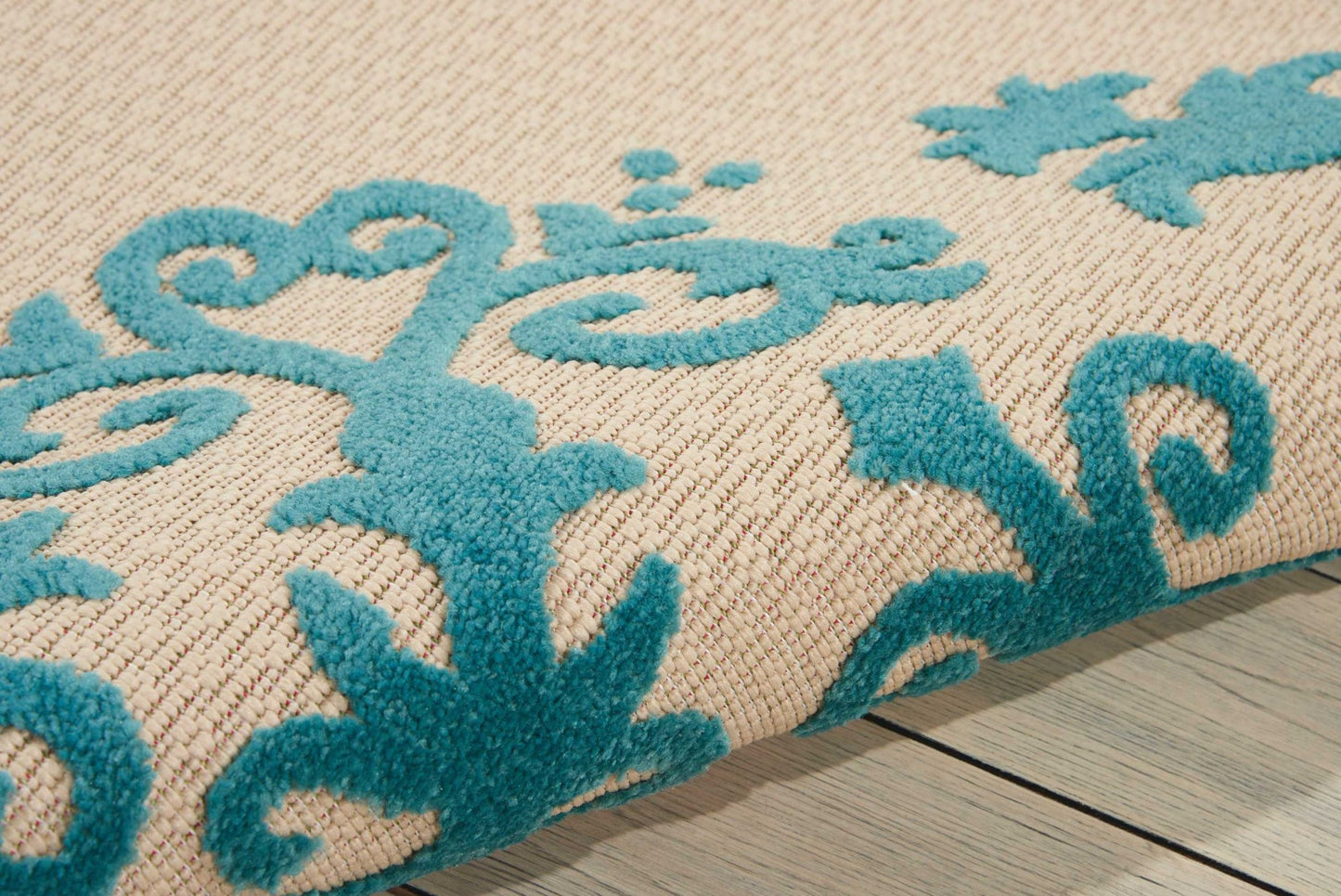 8' X 11' Aqua Damask Indoor Outdoor Area Rug