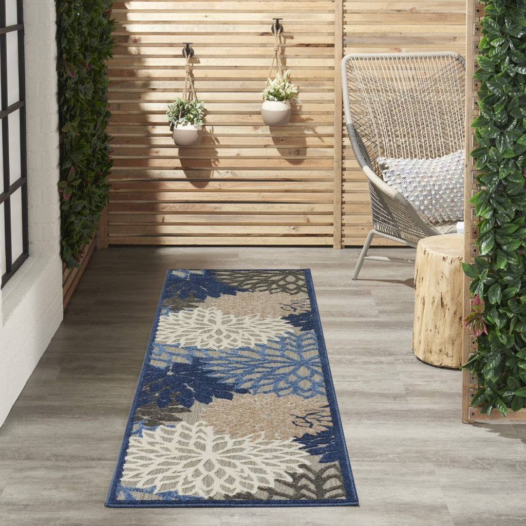 2' X 8' Blue And Gray Floral Indoor Outdoor Area Rug