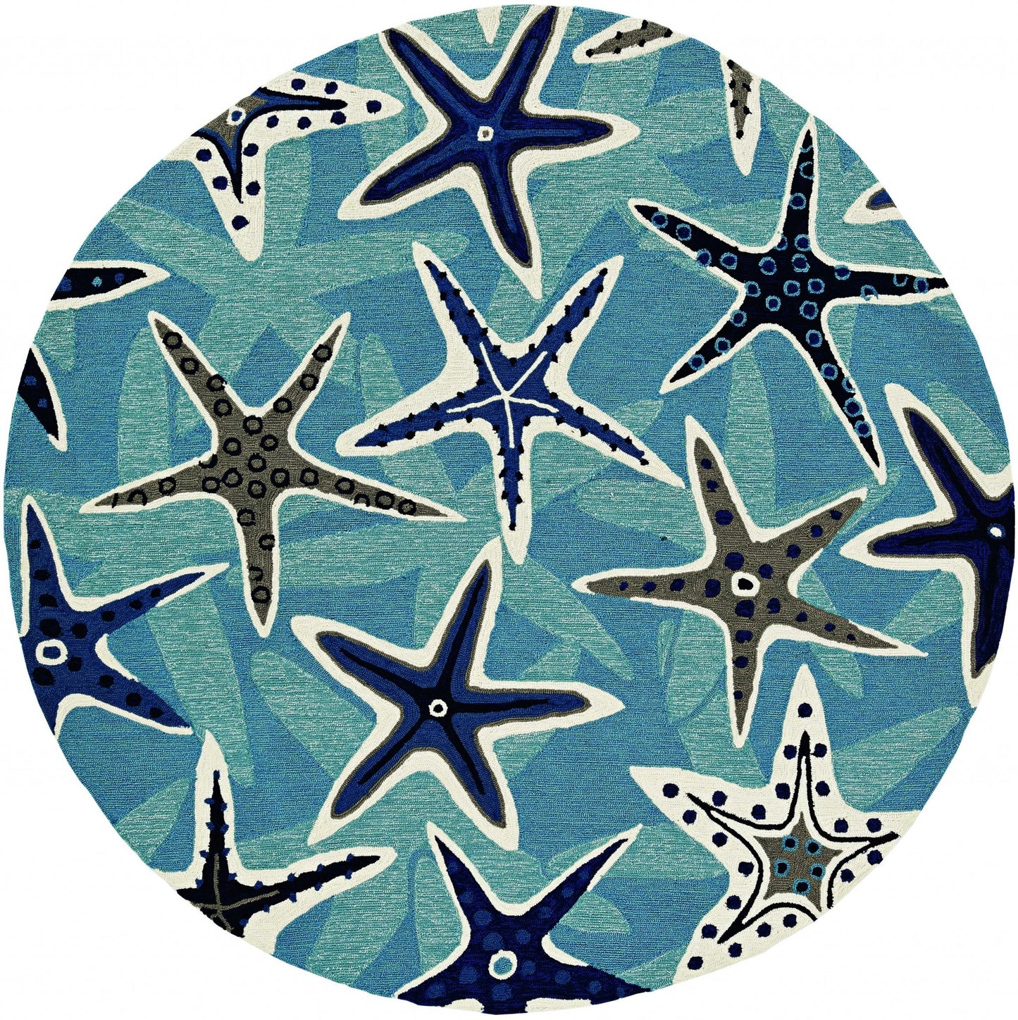 8' Blue Hand Woven Uv Treated Coastal Starfish Round Indoor Outdoor Area Rug