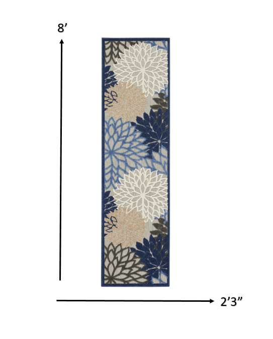 2' X 8' Blue And Gray Floral Indoor Outdoor Area Rug