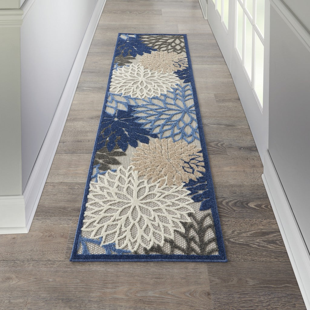 2' X 8' Blue And Gray Floral Indoor Outdoor Area Rug