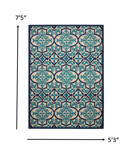 5' X 8' Blue And Ivory Moroccan Indoor Outdoor Area Rug