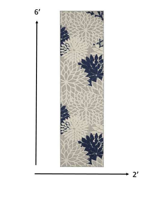 2' X 6' Ivory/Navy Floral Indoor Outdoor Area Rug