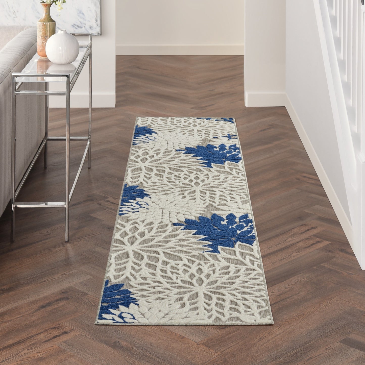 2' X 6' Ivory/Navy Floral Indoor Outdoor Area Rug