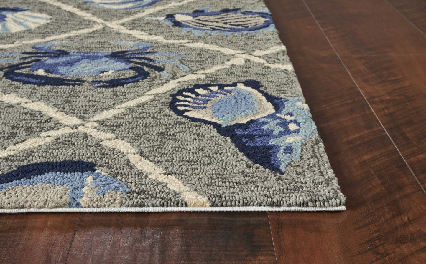 2'X3' Grey Hand Hooked Uv Treated Coastal Sea Life Indoor Outdoor Accent Rug