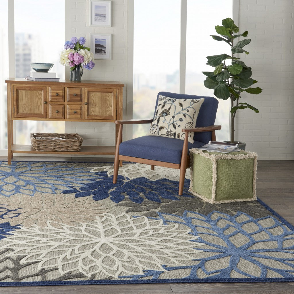 7' X 10' Blue And Gray Floral Indoor Outdoor Area Rug