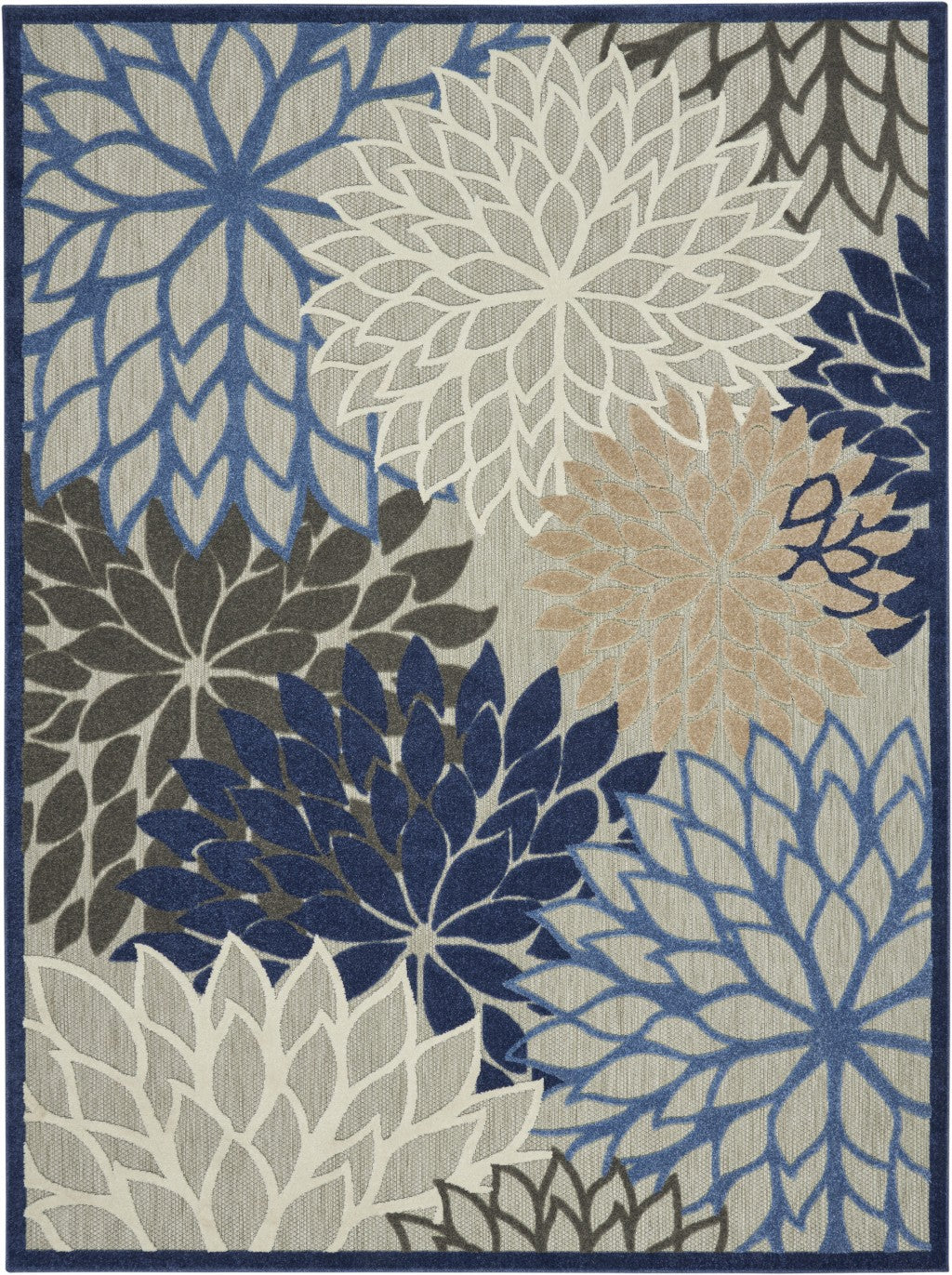 7' X 10' Blue And Gray Floral Indoor Outdoor Area Rug