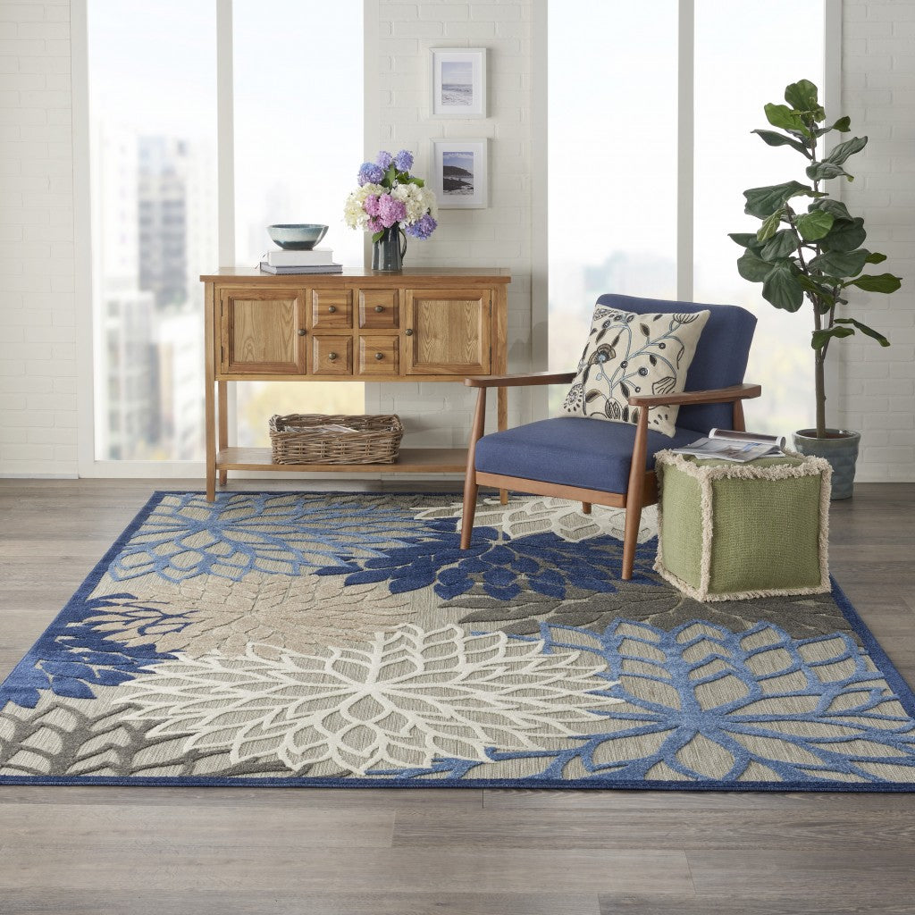 7' X 10' Blue And Gray Floral Indoor Outdoor Area Rug